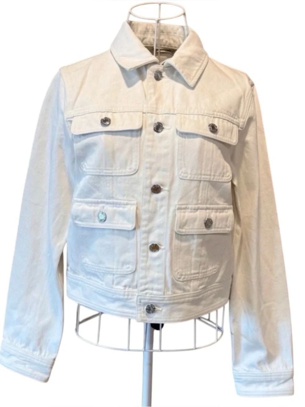 Michael Kors White Denim Utility Jacket Cropped Button Front 6